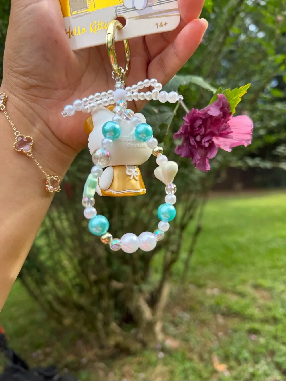 Sanrio Hello Kitty White, Gold & Turquoise Beaded Keychain Charm